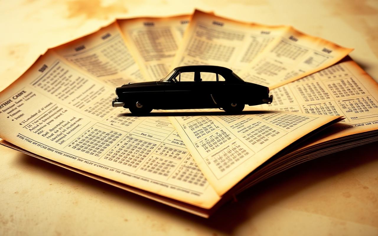 Vintage calendar pages fanning out with a small car silhouette