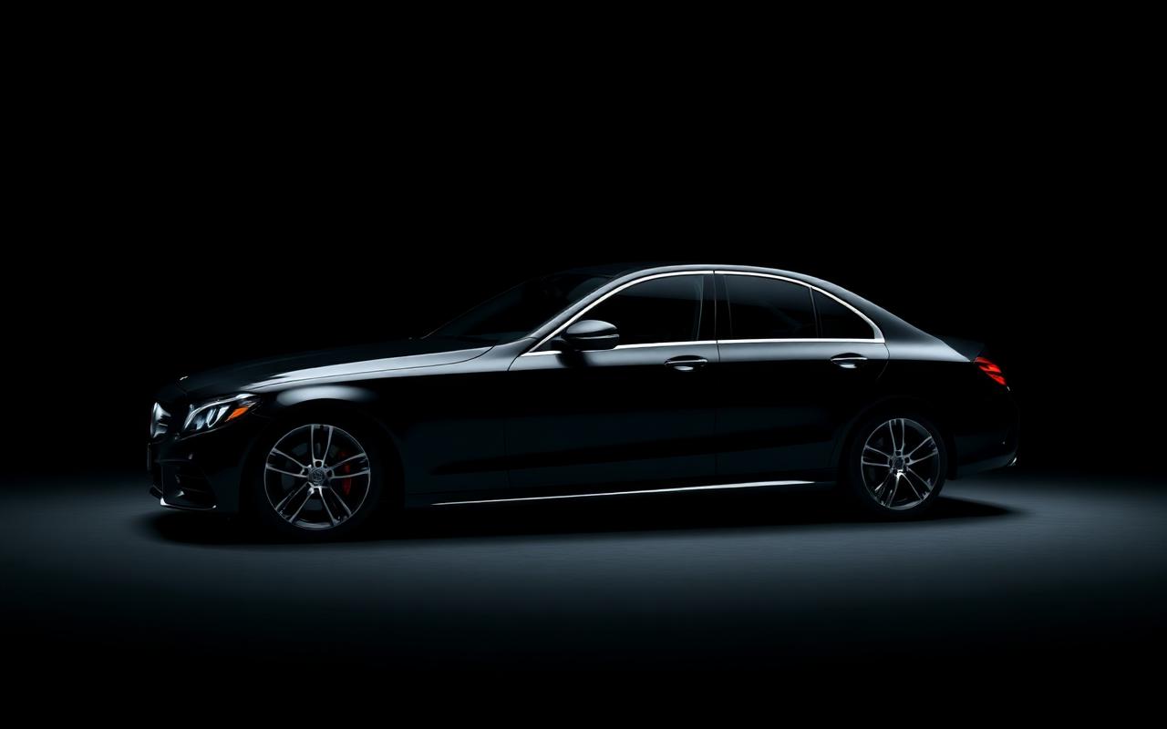 Black Mercedes-Benz C-Class sedan under dramatic studio lighting