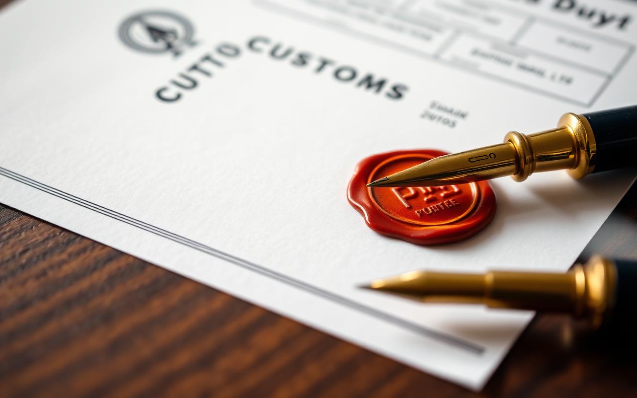 Official customs duty document with wax stamp and fountain pen