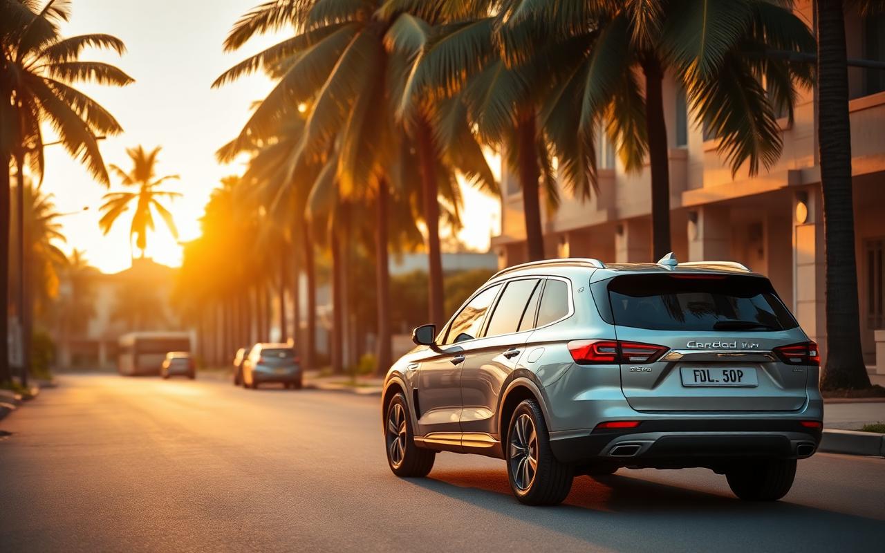 Family SUV parked on a palm-lined Accra street at golden hour