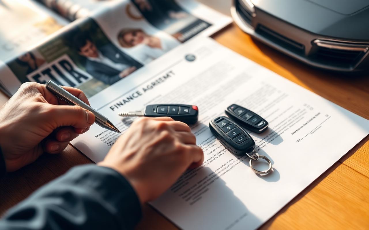 Hand signing a finance agreement next to car keys