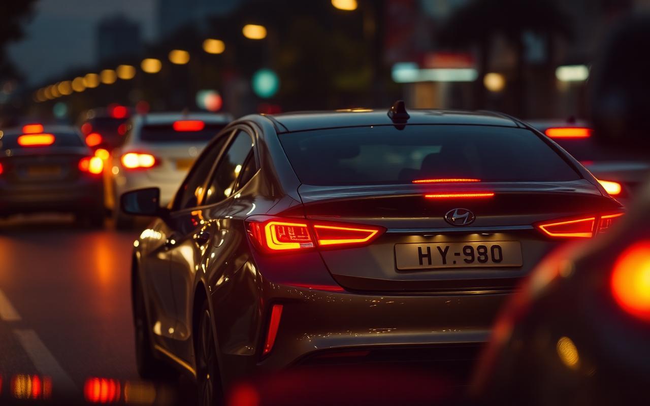 Hybrid sedan in Accra evening traffic with glowing tail lights