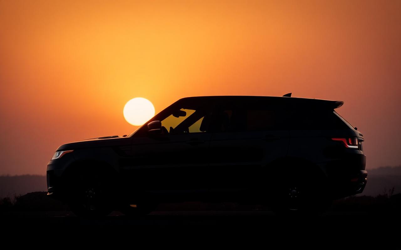 Range Rover Sport silhouetted against a warm sunset