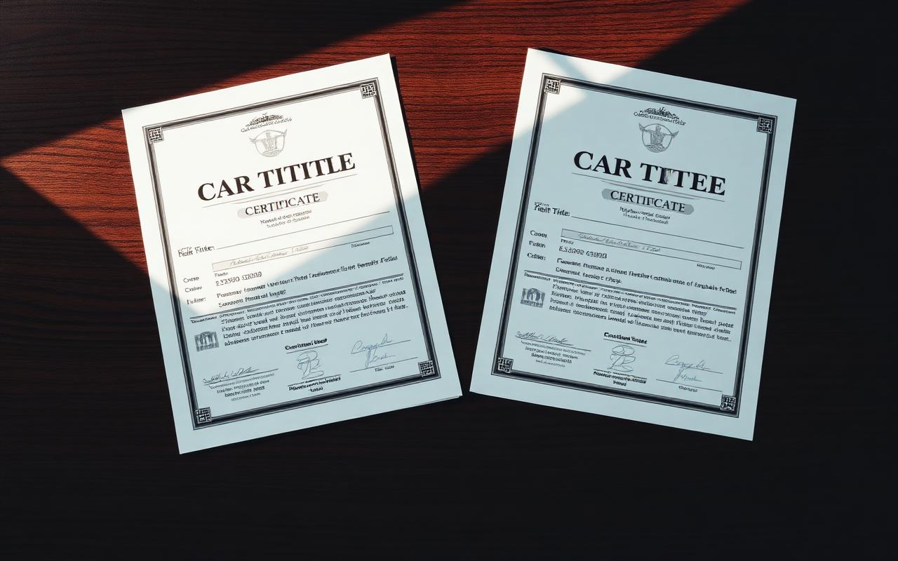 Two car title certificates compared on a dark walnut desk
