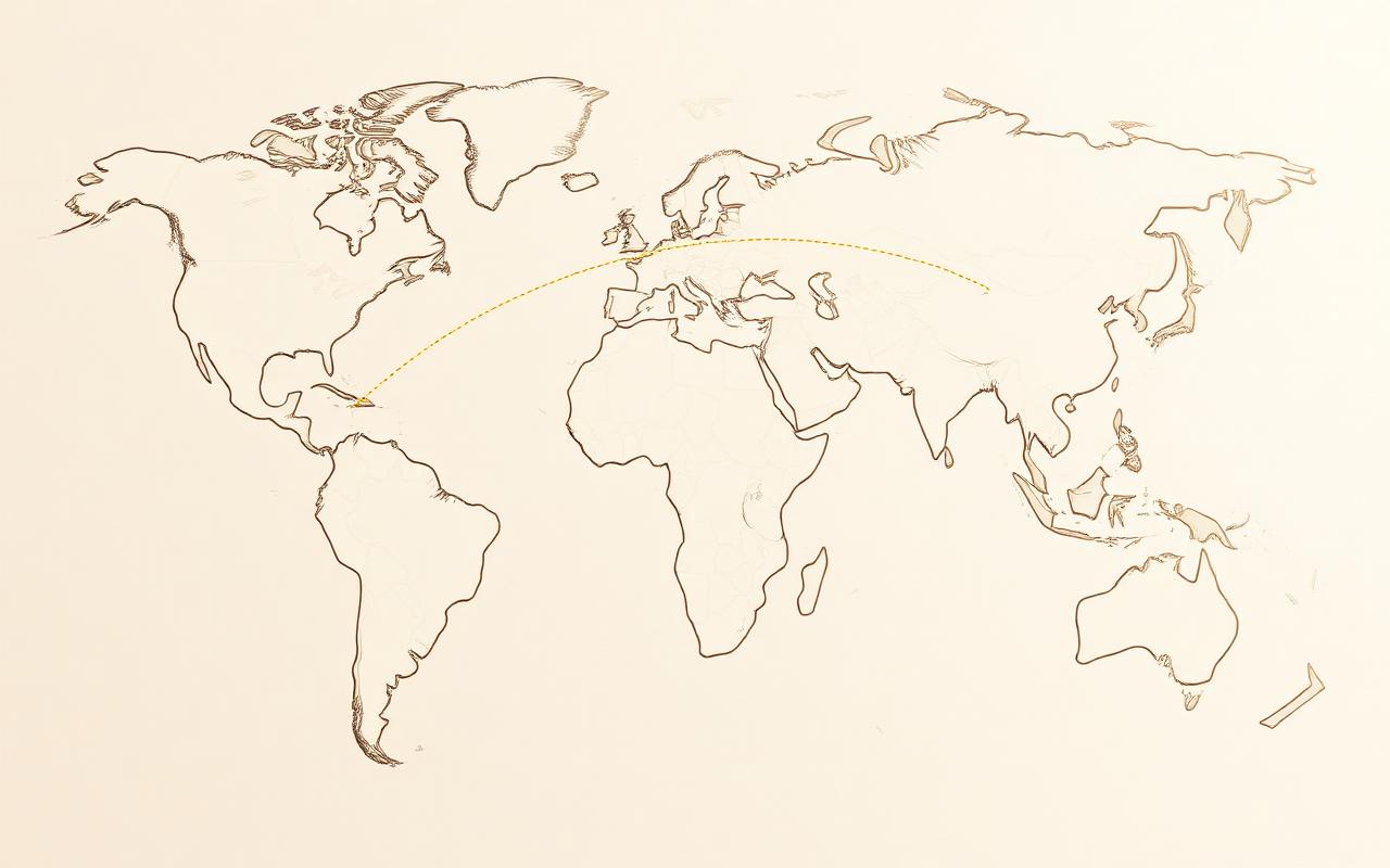 Illustrated world map with a route from the USA to Ghana