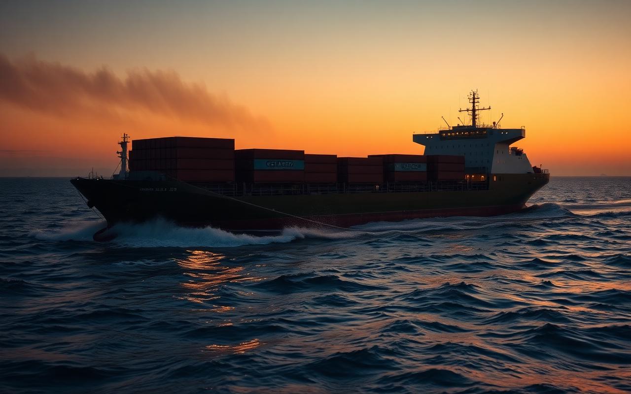 Cargo ship at dusk loaded with vehicles bound for Ghana