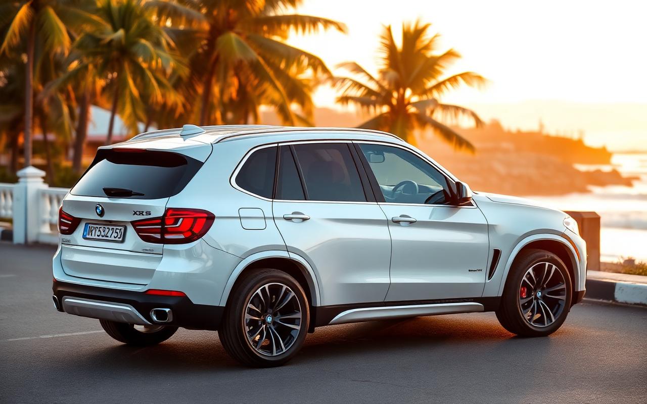 White BMW X5 SUV on a coastal Accra road at sunset